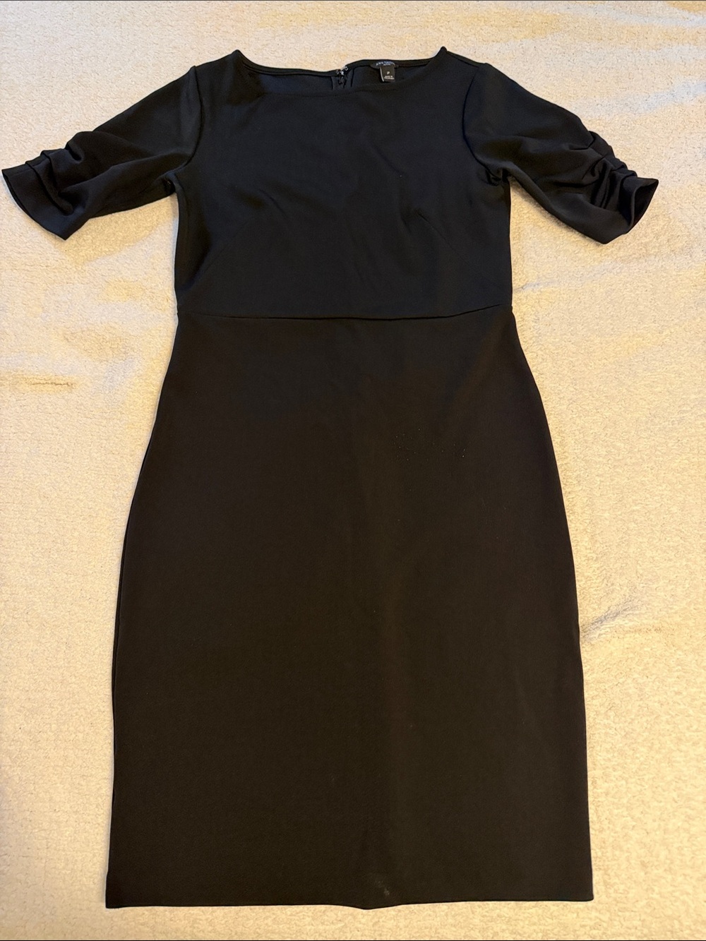 Ann Taylor Black Midi Sheath Dress with Ruched Short Sleeves